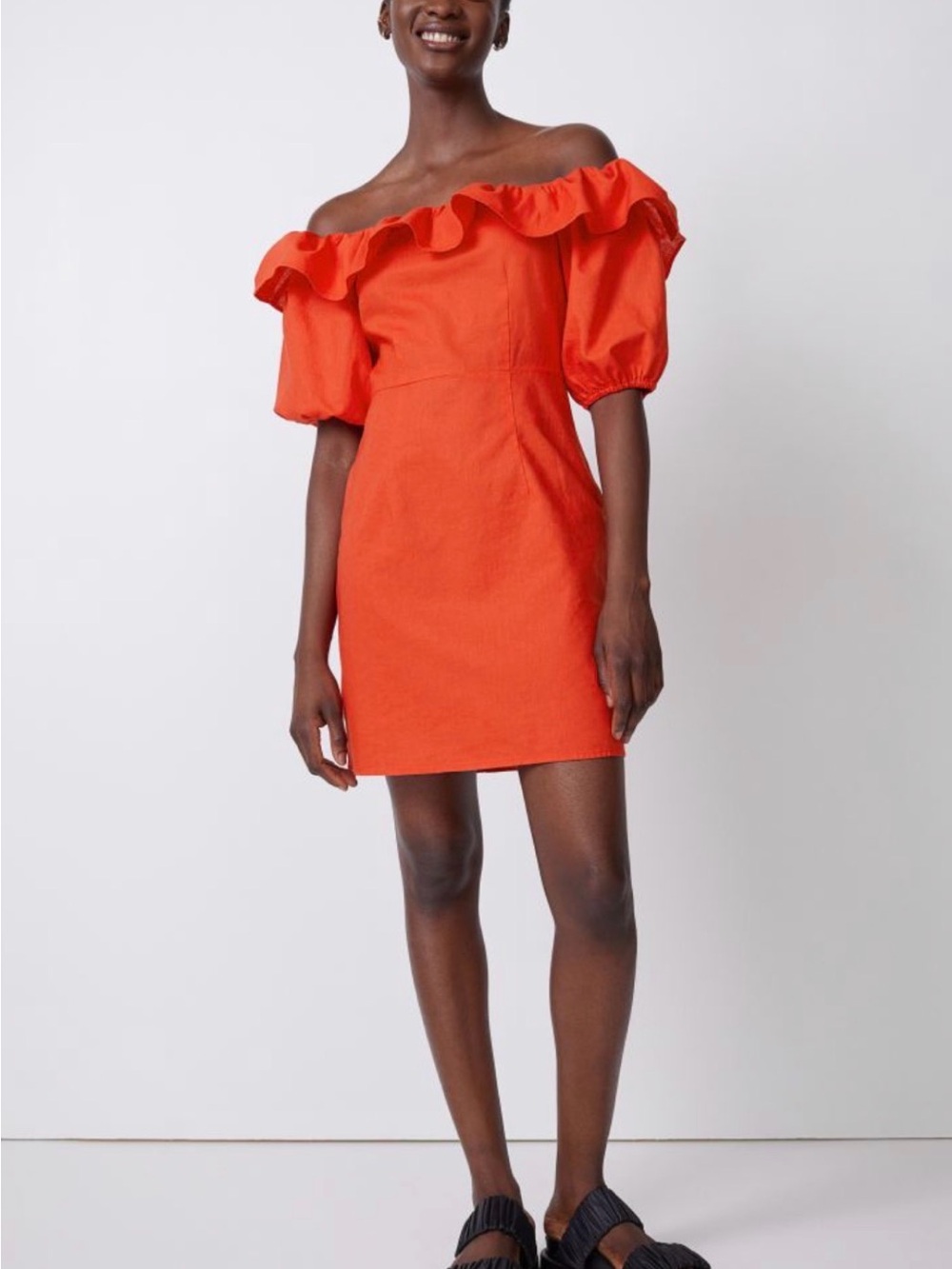 ❣️ H&M Off-Shoulder Ruffle Mini Dress in Bright  coral